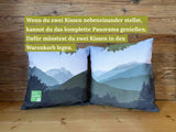 Zwei Kissen mit dem Kleinwalsertal-Panorama. Wenn du zwei Kissen nebeneinander stellst, kannst du das komplette Panorama genießen. Dafür müsstest du zwei Kissen in den Warenkorb legen.