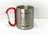 Edelstahltasse mit Druck, mit rotem Karabiner-Henkel