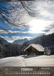 Februar. Alter Stadel im Schnee, im Hintergrund der Widderstein.