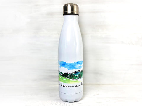 Weiße Thermosflasche mit buntem Bergpanorama, silberner Deckel